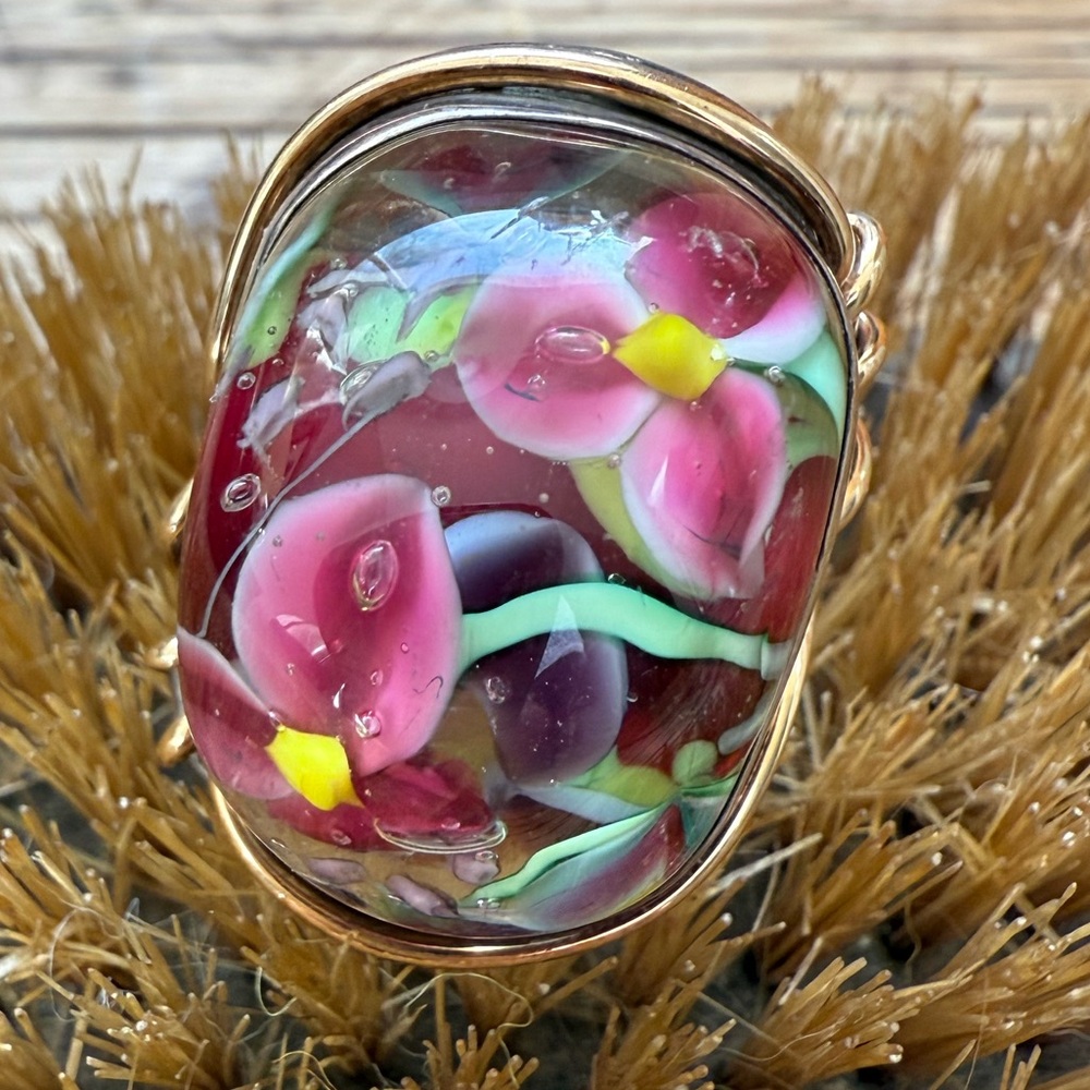 🌈HOST PICK🌈NWOT Artisan Lampwork Floral Silver Gold Ring Floral Glass Ring - Picture 15 of 16